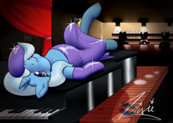 Size: 1731x1230 | Tagged: safe, artist:amaraburrger, trixie, pony, unicorn, g4, bar, clothes, dress, evening gloves, female, fishnets, gloves, hair over one eye, jazz club, long gloves, looking at you, mare, musical instrument, on back, piano, sequins, silhouette, singer, smiling, solo focus, sultry pose
