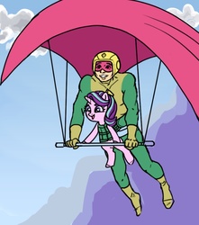 Size: 738x834 | Tagged: safe, artist:mcponyponypony, starlight glimmer, human, pony, unicorn, g4, crossover, dc comics, duo, excited, female, hang glider, hang gliding, kite, kite-man, male, mare, simple background, smiling, that pony sure does love kites