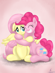 Size: 3000x4000 | Tagged: safe, artist:truffle shine, fluttershy, pinkie pie, earth pony, pegasus, pony, g4, duo, duo female, female, friendshipping, hug, mare, signature, sitting, smiling, winghug, wings