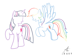 Size: 3200x2400 | Tagged: safe, artist:truffle shine, rainbow dash, twilight sparkle, pegasus, pony, unicorn, g4, colored lineart, duo, female, friendshipping, high res, lineart, mare, ship:twidash, signature, simple background, transparent background