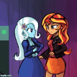 Size: 360x360 | Tagged: safe, artist:lumineko, sunset shimmer, trixie, human, equestria girls, g4, my little pony equestria girls: rainbow rocks, animated, blushing, breasts, clothes, counterparts, duo, eyelashes, female, frame by frame, gif, hairpin, jacket, kissing, lesbian, ship:suntrix, shipping, skirt, twilight's counterparts