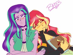 Size: 1024x768 | Tagged: safe, artist:brickercupmasterx3, aria blaze, sunset shimmer, equestria girls, g4, book, clothes, crossed arms, duo, eyes closed, female, jacket, journal, leather jacket, lesbian, ship:sunblaze, shipping