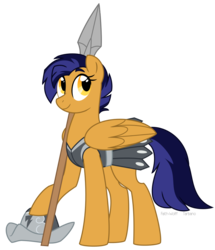 Size: 825x961 | Tagged: safe, artist:faith-wolff, oc, oc only, oc:ardent sentry, pegasus, pony, fanfic:the bridge, armor, armor skirt, clothes, cute, female, helmet, history, mare, skirt, spear, weapon