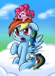 Size: 540x748 | Tagged: safe, artist:arielsbx, pinkie pie, rainbow dash, pony, g4, backwards cutie mark, chubbie, cloud, confused, cute, diapinkes, duo, open mouth, pinkie pie riding rainbow dash, pinkieball, ponies riding ponies, pony hat, riding, smol