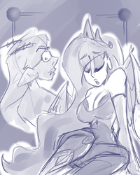 Size: 800x1000 | Tagged: safe, artist:tigerdehavilland, princess celestia, queen chrysalis, human, g4, clothes, crown, elf ears, evening gloves, gloves, humanized, jewelry, long gloves, monochrome, regalia, sketch, winged humanization, wings