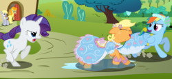 Size: 12000x5500 | Tagged: safe, artist:longsummer, artist:mundschenk85, applejack, carrot top, derpy hooves, golden harvest, rainbow dash, rarity, pony, g4, look before you sleep, absurd resolution, clothes, dress, froufrou glittery lacy outfit, mouth hold, princess applejack, puddle, puffy sleeves, rainbow dash always dresses in style, running, scroll, show accurate, water