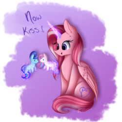 Size: 1024x1024 | Tagged: safe, artist:mindlesssketching, princess flurry heart, oc, oc:ashley, oc:galaxy star, alicorn, pony, g4, alicorn oc, canon x oc, female, glowing horn, horn, magic, mare, plushie, shipper on deck, simple background, sitting, telekinesis, toy, transparent background