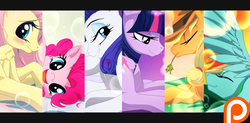 Size: 2944x1445 | Tagged: safe, artist:lilapudelpony, applejack, fluttershy, pinkie pie, rainbow dash, rarity, twilight sparkle, g4, bedroom eyes, blushing, looking at you, mane six, patreon, patreon logo, wallpaper