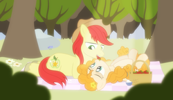 Size: 1560x900 | Tagged: safe, artist:dm29, bright mac, pear butter, earth pony, pony, g4, the perfect pear, cute, eye contact, female, food, forest, grass, lidded eyes, looking at each other, male, mouth hold, on back, open mouth, pearabetes, picnic, picnic blanket, prone, ship:brightbutter, shipping, smiling, straight, strawberry, tree
