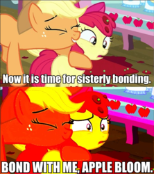 Size: 502x565 | Tagged: safe, edit, edited screencap, screencap, apple bloom, applejack, earth pony, pony, g4, somepony to watch over me, bond with me, caption, dark, female, filly, foal, impact font, jimmy neutron happy family happy hour, mare, text