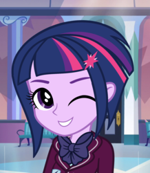 Size: 1412x1620 | Tagged: safe, artist:bronywawa, sunny flare, twilight sparkle, equestria girls, g4, alternate hairstyle, clothes, crystal prep academy uniform, female, hairpin, one eye closed, recolor, school uniform, short hair, solo, wink