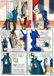 Size: 955x1351 | Tagged: safe, artist:mysticalpha, discord, princess luna, queen chrysalis, alicorn, changeling, changeling queen, draconequus, pony, comic:day in the lives of the royal sisters, g4, bowtie, cellphone, clothes, comic, crown, dialogue, female, frown, hat, hilarious in hindsight, horseshoes, id card, jewelry, magic, mare, mirror universe, peytral, phone, regalia, reversalis, silhouette, speech bubble, suit, telekinesis, top hat