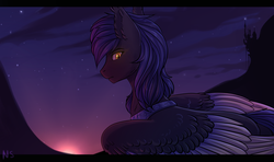 Size: 3260x1927 | Tagged: safe, artist:nightskrill, oc, oc only, oc:layson desire, pegasus, pony, canterlot, glowing eyes, magic, male, night guard, solo, stars, twilight (astronomy)