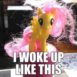 Size: 1080x1080 | Tagged: safe, fluttershy, pony, g4, official, bad hair day, image macro, instagram, irl, meme, messy mane, morning ponies, photo, solo, toy, waking up