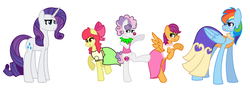 Size: 2956x1112 | Tagged: safe, artist:calibykitty, apple bloom, rainbow dash, rarity, scootaloo, sweetie belle, earth pony, pegasus, pony, unicorn, g4, alternate hairstyle, blushing, clothes, clown, cutie mark crusaders, dress, eyeshadow, female, filly, forced makeover, group, lipstick, makeover, makeup, mare, rainbow dash always dresses in style, simple background, white background