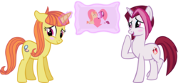 Size: 4655x2171 | Tagged: safe, artist:ironm17, cayenne, citrus blush, pony, g4, blushing, citruyenne, eyes closed, female, high res, lesbian, love, mare, pillow, shipping, simple background, smiling, transparent background, vector