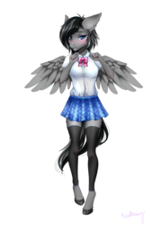 Size: 2952x4133 | Tagged: safe, artist:madbunnydesu, oc, oc only, pegasus, anthro, unguligrade anthro, anthro oc, blushing, clothes, commission, cute, female, high res, looking at you, mare, moe, plaid, pleated skirt, school uniform, simple background, skirt, spread wings, stockings, thigh highs, wings, zettai ryouiki