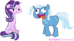 Size: 1192x670 | Tagged: safe, artist:starlightggiantess5, starlight glimmer, trixie, pony, g4, simple background, tongue out, white background