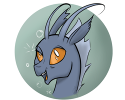 Size: 1024x819 | Tagged: safe, artist:cadetredshirt, oc, oc only, changedling, changeling, bust, changeling oc, colored sketch, drunk, gradient background, icon, simple background, smiling, solo