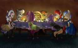 Size: 1920x1200 | Tagged: safe, artist:robin jacks, cotton cloudy, diamond tiara, dinky hooves, peachy pie, ruby pinch, silver spoon, sunny daze, twist, earth pony, pegasus, pony, unicorn, fanfic:the silver standard, g4, chair, clothes, cup, dress, eyes closed, fanfic, fanfic art, female, filly, glasses, skirt, table, tea party, teacup, teapot