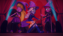 Size: 3840x2160 | Tagged: safe, artist:dj-chopin, fuchsia blush, lavender lace, trixie, equestria girls, g4, 3d, cape, clothes, electric guitar, eyes closed, female, flying v, guitar, hat, high res, microphone, musical instrument, singing, spotlight, stage, trixie and the illusions, trixie's cape, trixie's hat