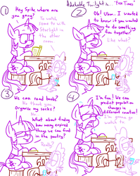 Size: 1280x1611 | Tagged: safe, artist:adorkabletwilightandfriends, spike, twilight sparkle, alicorn, dragon, pony, comic:adorkable twilight and friends, g4, adorkable twilight, book, comic, dialogue, glass, lineart, nerd, simple background, sitting, slice of life, sweat, table, twilight sparkle (alicorn)