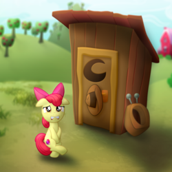 Size: 1669x1669 | Tagged: safe, artist:frogem, apple bloom, earth pony, pony, g4, bow, covering crotch, desperation, female, filly, hair bow, hooves between legs, looking at you, need to pee, omorashi, outhouse, potty dance, potty emergency, potty time, request, requested art, solo, sweet apple acres, trotting in place