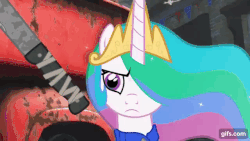 Size: 640x360 | Tagged: safe, artist:2snacks, princess celestia, alicorn, pony, two best sisters play, g4, animated, blood, clothes, faic, fallout 4, female, gif, jumpsuit, levitation, lightly watermarked, machete, magic, mouth hold, patlestia, telekinesis, vault suit, watermark, weapon, youtube link