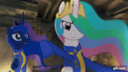 Size: 640x360 | Tagged: safe, artist:2snacks, princess celestia, princess luna, alicorn, pony, two best sisters play, g4, animated, blood, clothes, fallout 4, female, gif, green blood, jumpsuit, lightly watermarked, mare, muna, patlestia, punch, stomping, vault suit, watermark