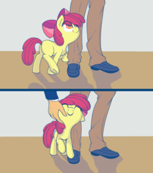 Size: 874x987 | Tagged: safe, artist:mostazathy, color edit, derpibooru exclusive, edit, apple bloom, earth pony, human, pony, g4, adorabloom, behaving like a cat, colored, comic, cute, female, filly, human male, human on pony petting, kitty bloom, male, nuzzling, petting, pony pet