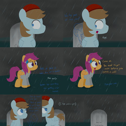 Size: 3840x3840 | Tagged: safe, artist:jake heritagu, chip mint, rain catcher, scootaloo, oc, oc:clearwater, pony, comic:ask motherly scootaloo, g4, ask-rain-catcher, comic, crying, grave, gravestone, graveyard, hairpin, high res, motherly scootaloo, rain, sweatshirt