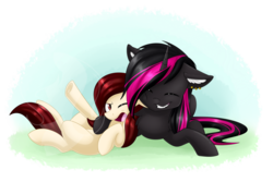Size: 1024x686 | Tagged: safe, artist:whitehershey, oc, oc only, earth pony, pony, unicorn, duo, ear piercing, female, hug, mare, open mouth, piercing