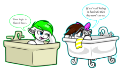 Size: 1024x596 | Tagged: safe, artist:whitehershey, oc, oc only, oc:bing, oc:breezy, earth pony, pony, bathtub, bingzy, dialogue, duo, female, male, mare, open mouth, simple background, speech bubble, stallion, transparent background