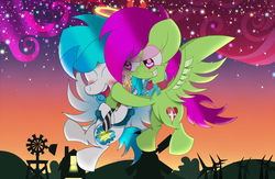 Size: 1824x1190 | Tagged: safe, artist:dannykay4561, oc, oc only, oc:breeze skies, oc:cloud flicker, pegasus, pony, barn, blushing, breecker, clothes, cloud, couple, evil grin, feather, grin, halo, horns, laughing, necktie, oc x oc, open mouth, outdoors, pen, shipping, silhouette, sky, smiling, spread wings, stars, sunset, tickling, windmill, wings