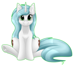 Size: 1024x912 | Tagged: safe, artist:whitehershey, oc, oc only, oc:moon painter, pony, unicorn, both cutie marks, female, grin, looking at you, mare, simple background, sitting, smiling, solo, transparent background