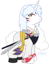 Size: 3045x4000 | Tagged: safe, artist:jennieoo, demon, demon pony, pony, unicorn, g4, anime, clothes, crossover, inuyasha, male, ponified, sesshoumaru, show accurate, simple background, solo, stallion, sword, transparent background, weapon
