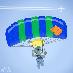 Size: 1500x1500 | Tagged: safe, artist:phallen1, oc, oc only, oc:software patch, pony, aircraft, contrail, gritted teeth, parachute, plane, sky, skydiving, solo