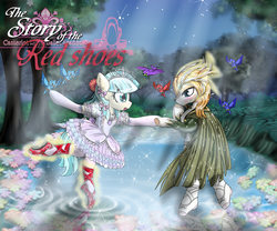 Size: 3600x3000 | Tagged: safe, artist:avchonline, coco pommel, oc, bird, deer, earth pony, elf, pony, semi-anthro, g4, ballerina, ballet, bipedal, bow, canon x oc, canterlot royal ballet academy, cloak, clothes, crying, deer magic, dress, en pointe, female, flower, forest, frilly dress, gloves, hair bow, high res, jewelry, long gloves, magic, male, mare, pantyhose, poofy shoulders, puffy sleeves, reflection, stars, story in the source, tiara, tutu