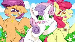 Size: 2500x1400 | Tagged: safe, artist:rrd-artist, apple bloom, scootaloo, sweetie belle, earth pony, pegasus, pony, unicorn, semi-anthro, my little brony risovach, g4, :p, adorabloom, bipedal, chest fluff, cloud, colored eyelashes, cute, cutealoo, cutie mark crusaders, daaaaaaaaaaaw, dashface, diasweetes, female, filly, flower, pose, sky, smiling, sticker, tongue out, trio, trio female