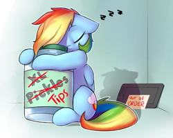 Size: 3000x2400 | Tagged: safe, artist:captainpudgemuffin, rainbow dash, pony, captainpudgemuffin is trying to murder us, cute, dashabetes, eyes closed, female, food, jar, mare, multicolored hair, pickle, pickle jar, sleeping, solo, tablet, tip jar, zzz