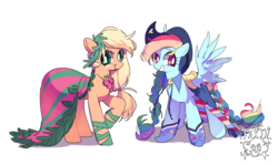 Size: 1135x675 | Tagged: safe, artist:dusty-munji, applejack, rainbow dash, earth pony, pegasus, pony, g4, boots, braid, braided tail, clothes, cowboy hat, dress, duo, female, freckles, gala dress, hat, mare, raised hoof, shoes, simple background, smiling, spread wings, tail, white background, wings