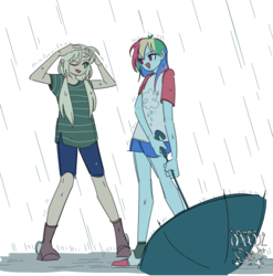 Size: 1186x1200 | Tagged: safe, artist:dusty-munji, applejack, rainbow dash, equestria girls, g4, rain, umbrella