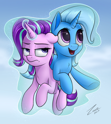 Size: 2293x2569 | Tagged: safe, artist:deltauraart, starlight glimmer, trixie, pony, unicorn, g4, duo, duo female, female, friendshipping, high res, levitation, magic, mare, smiling, starlight glimmer is not amused, telekinesis, unamused