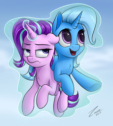 Size: 2293x2569 | Tagged: safe, artist:deltauraart, starlight glimmer, trixie, pony, unicorn, g4, duo, duo female, female, friendshipping, high res, levitation, magic, mare, ship:startrix, smiling, starlight glimmer is not amused, telekinesis, unamused