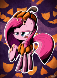 Size: 1600x2200 | Tagged: safe, artist:therandomjoyrider, pinkie pie, earth pony, pony, g4, abstract background, clothes, costume, female, mare, nightmare night, pinkamena diane pie, pumpkin, raised hoof, solo, unamused