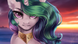 Size: 3246x1848 | Tagged: safe, artist:zefirayn, princess celestia, alicorn, pony, g4, beautiful, female, jewelry, looking at you, regalia, solo, sunset, twilight (astronomy)