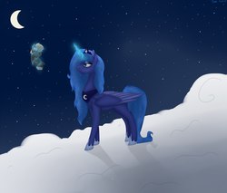 Size: 2000x1700 | Tagged: artist needed, safe, princess luna, alicorn, pony, my little brony risovach, g4, baby, cloud, magic, moon, night