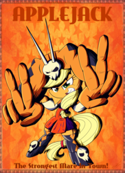 Size: 1606x2202 | Tagged: safe, artist:therandomjoyrider, applejack, earth pony, pony, g4, abstract background, bipedal, cerebella, clothes, crossover, female, mare, skullgirls, solo, vice-versa
