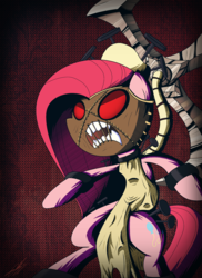 Size: 1606x2202 | Tagged: safe, artist:therandomjoyrider, pinkie pie, earth pony, pony, g4, abstract background, bipedal, crossover, female, mare, open mouth, painwheel, pinkamena diane pie, sharp teeth, skullgirls, solo, teeth