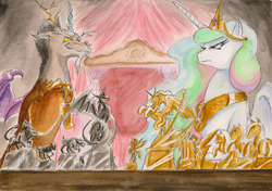 Size: 3479x2453 | Tagged: safe, artist:souleatersaku90, discord, princess celestia, alicorn, draconequus, pony, g4, chess, duo, fanfic, fanfic art, female, glare, high res, male, mare, smiling, smirk, the simple life, traditional art, watercolor painting